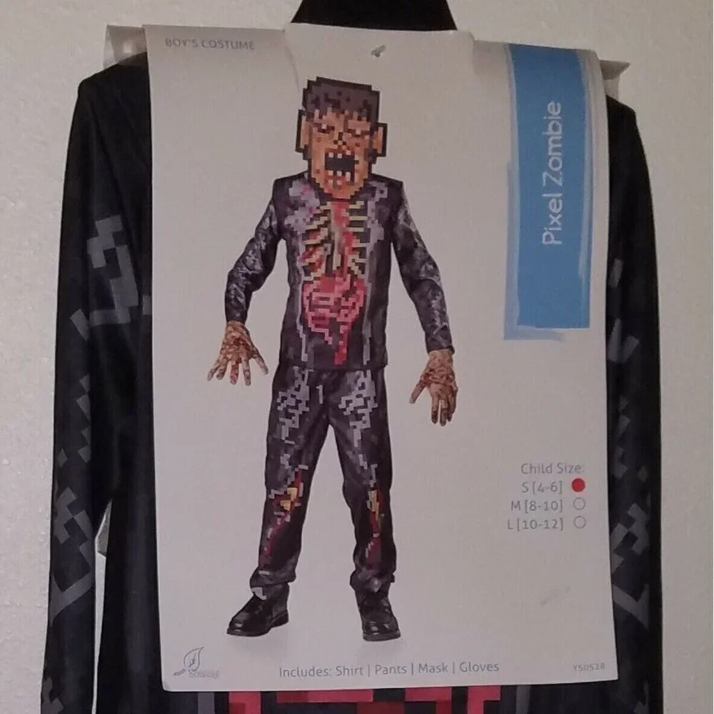 NEW Pixel Zombie Halloween Costume Boys Small 4-6 Shirt Pants Mask Gloves